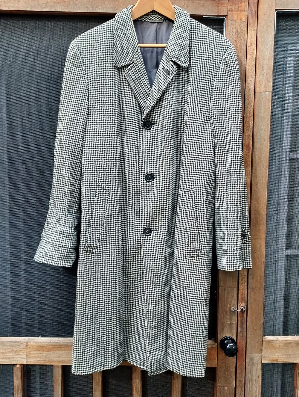 Vintage Union Made Black And Cream Houndstooth Wool Overcoat
